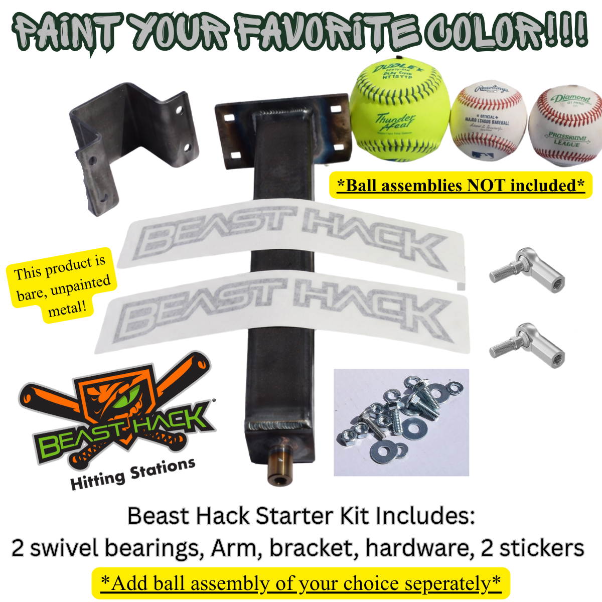 Backyard Beast Hack Starter Kit, bare metal arm with bearings, hardware, and stickers