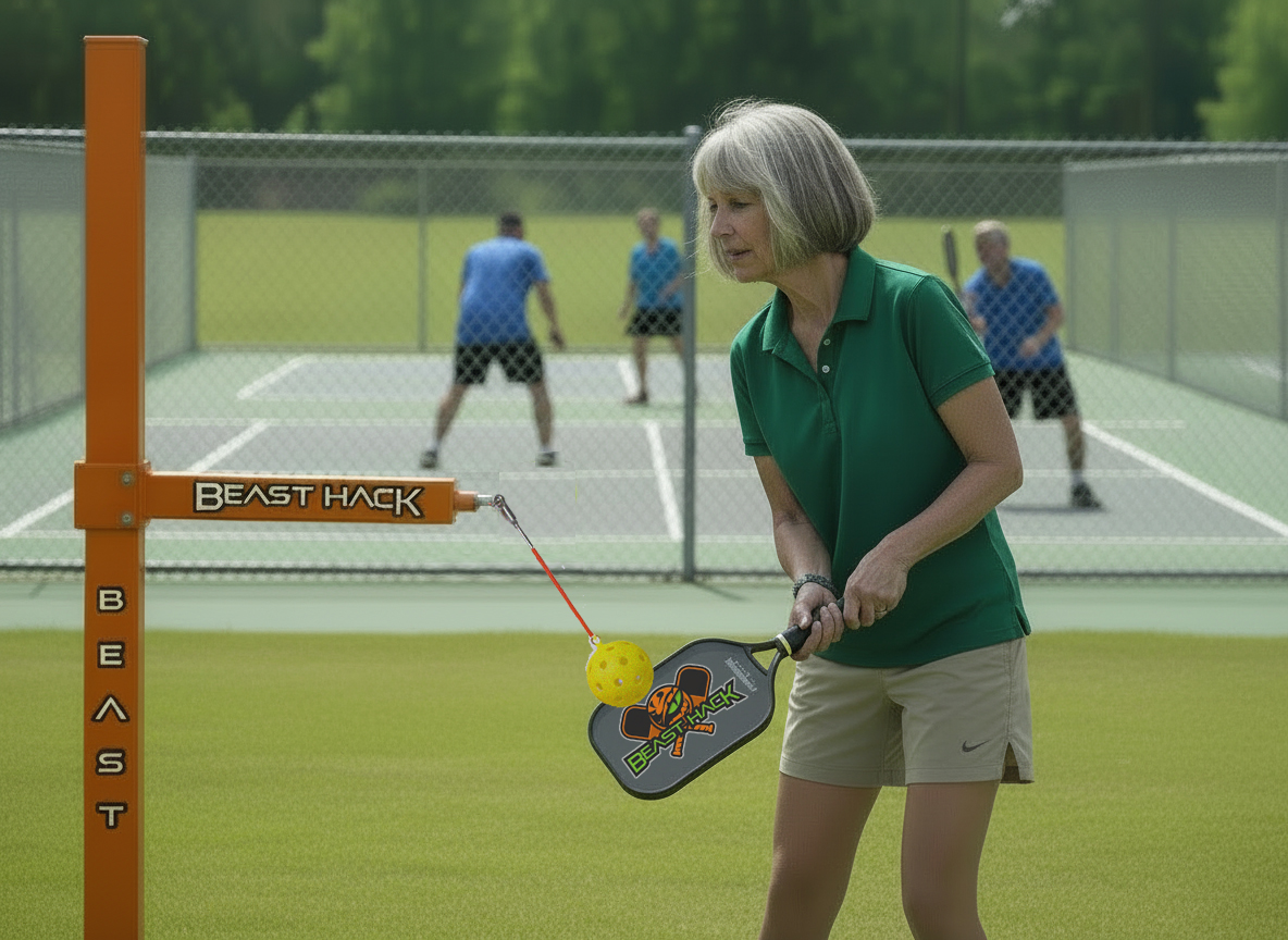 Adult player using Beast Hack pickleball trainer on court