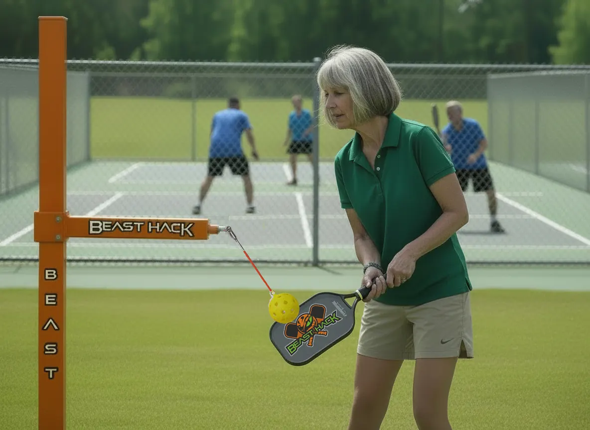 Adult player using Beast Hack pickleball trainer on court
