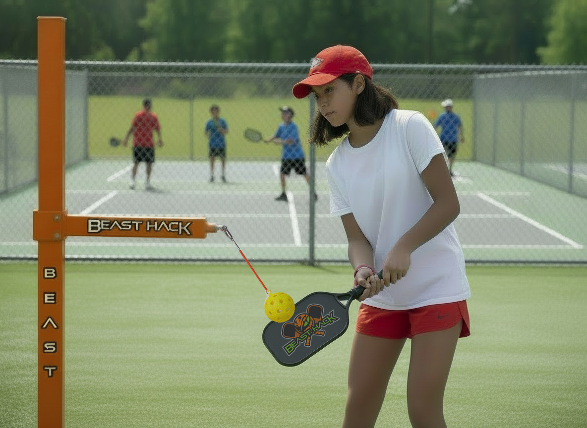 Youth player practicing pickleball with Beast Hack training station