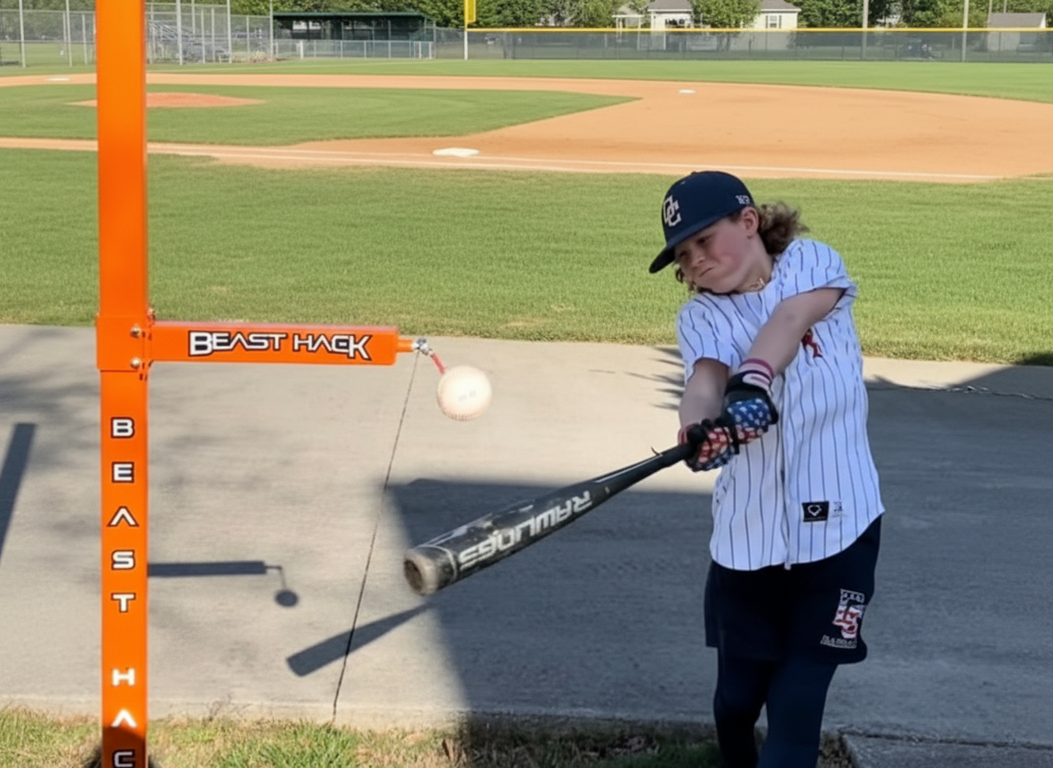 Baseball player using Beast Hack swing trainer against blue sky
