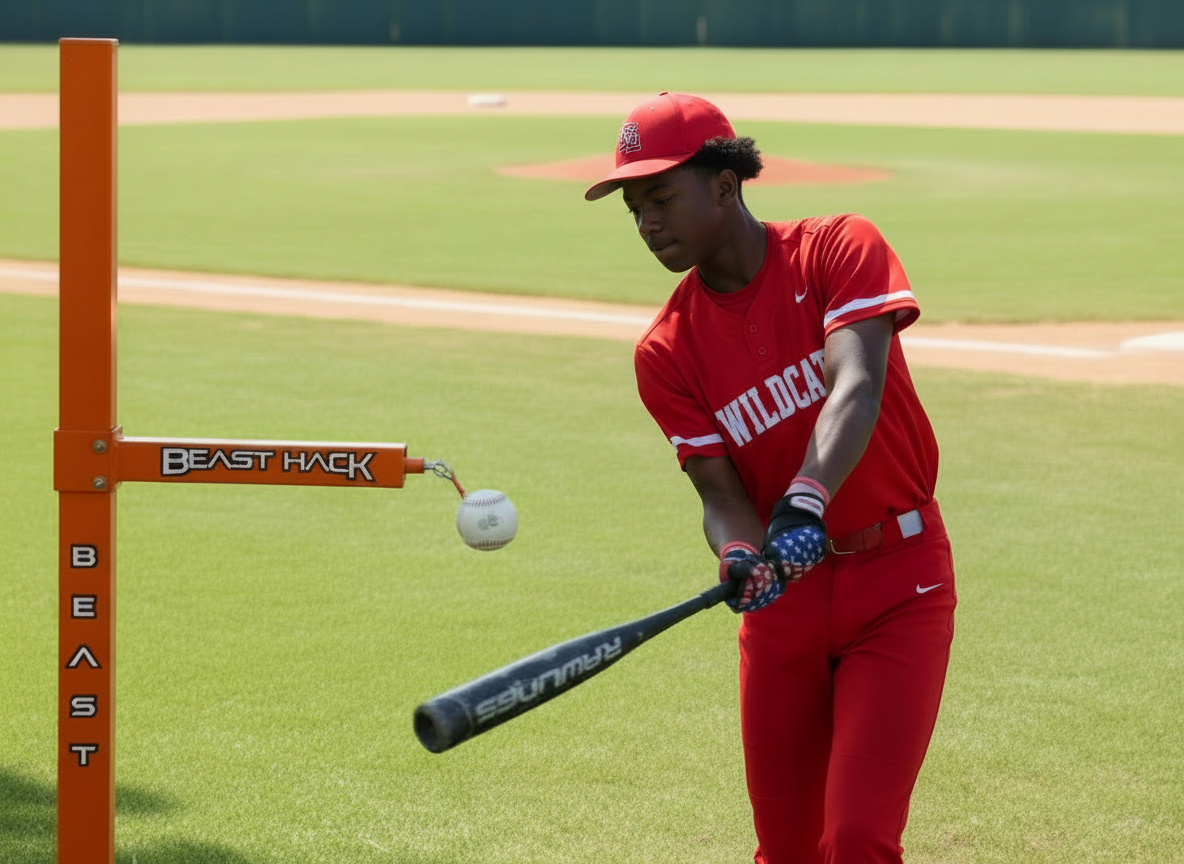 High school player in red uniform training with Beast Hack station