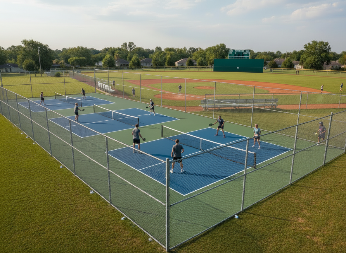 Pickleball courts and baseball field at a park facility
